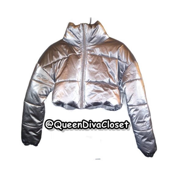 New Silver Drop Shoulder Crop Puffer Coat Jacket M 6-8, 10 - Picture 2 of 8
